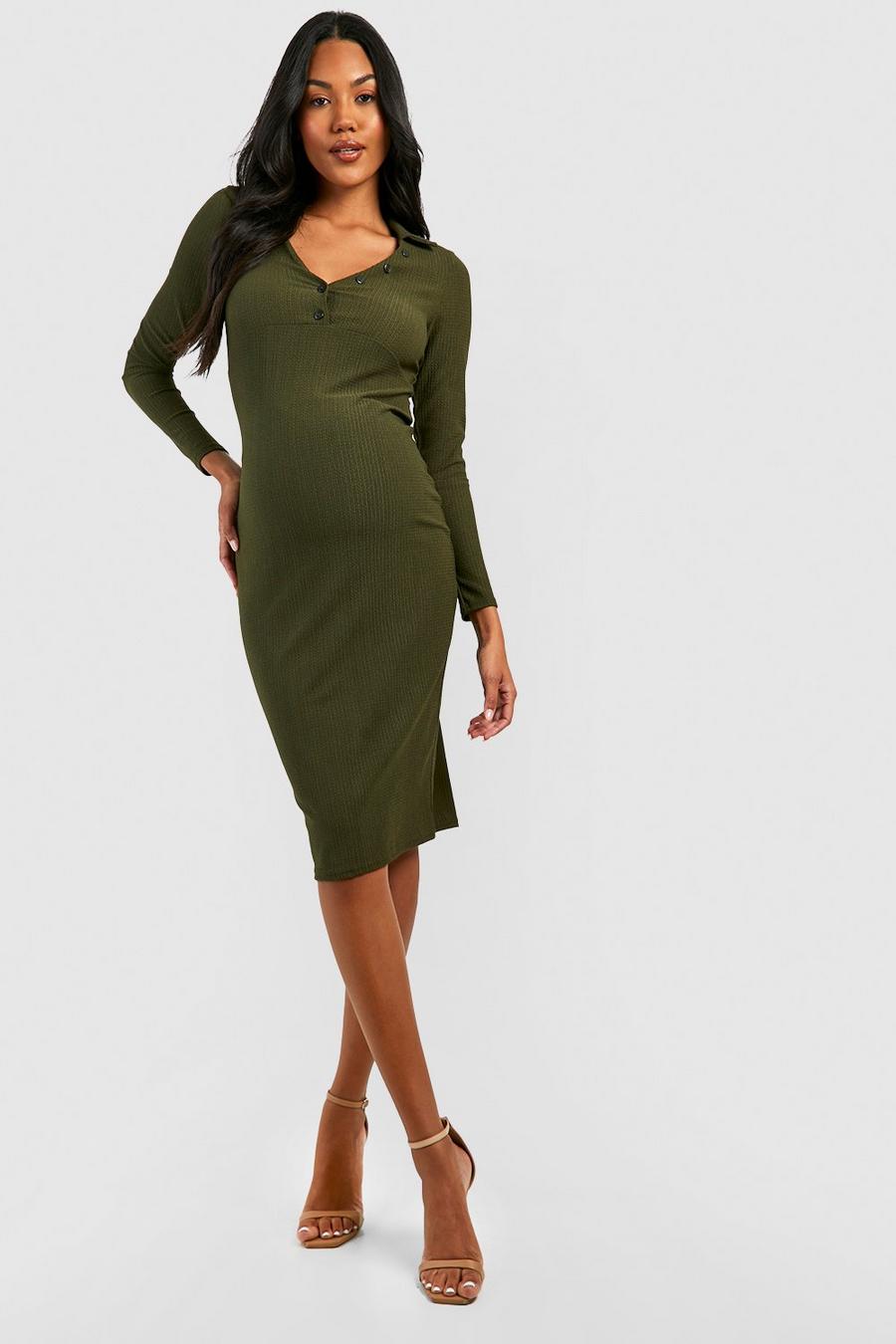 Khaki Maternity Rib Button Down Midi Dress image number 1