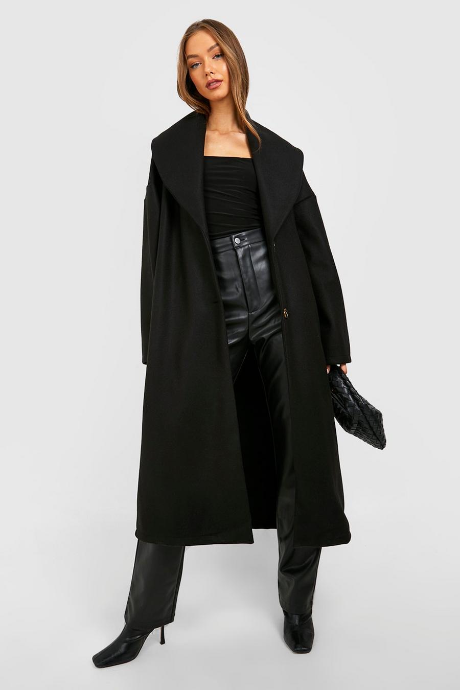 Abrigo de lana con escote plisado y cinturón, Black image number 1
