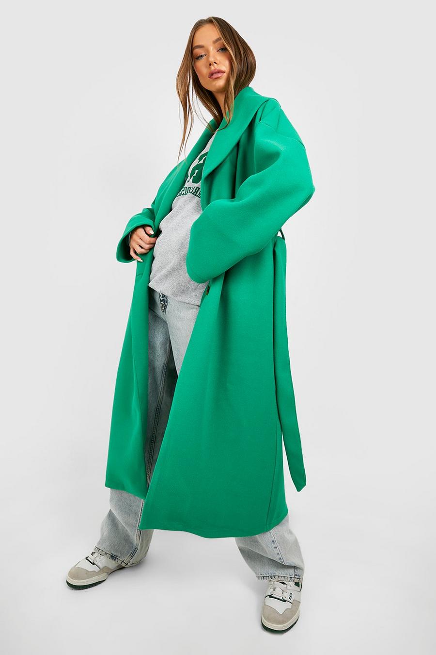 Abrigo de lana con escote plisado y cinturón, Green