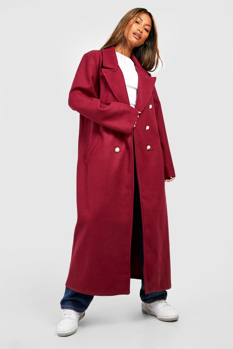 Burgundy Pearl Effect Button Double Breasted Coat image number 1