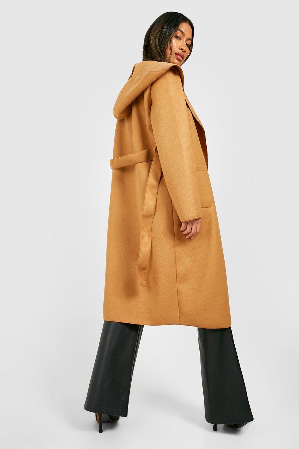 Wool Hooded Wrap Coat, Camel