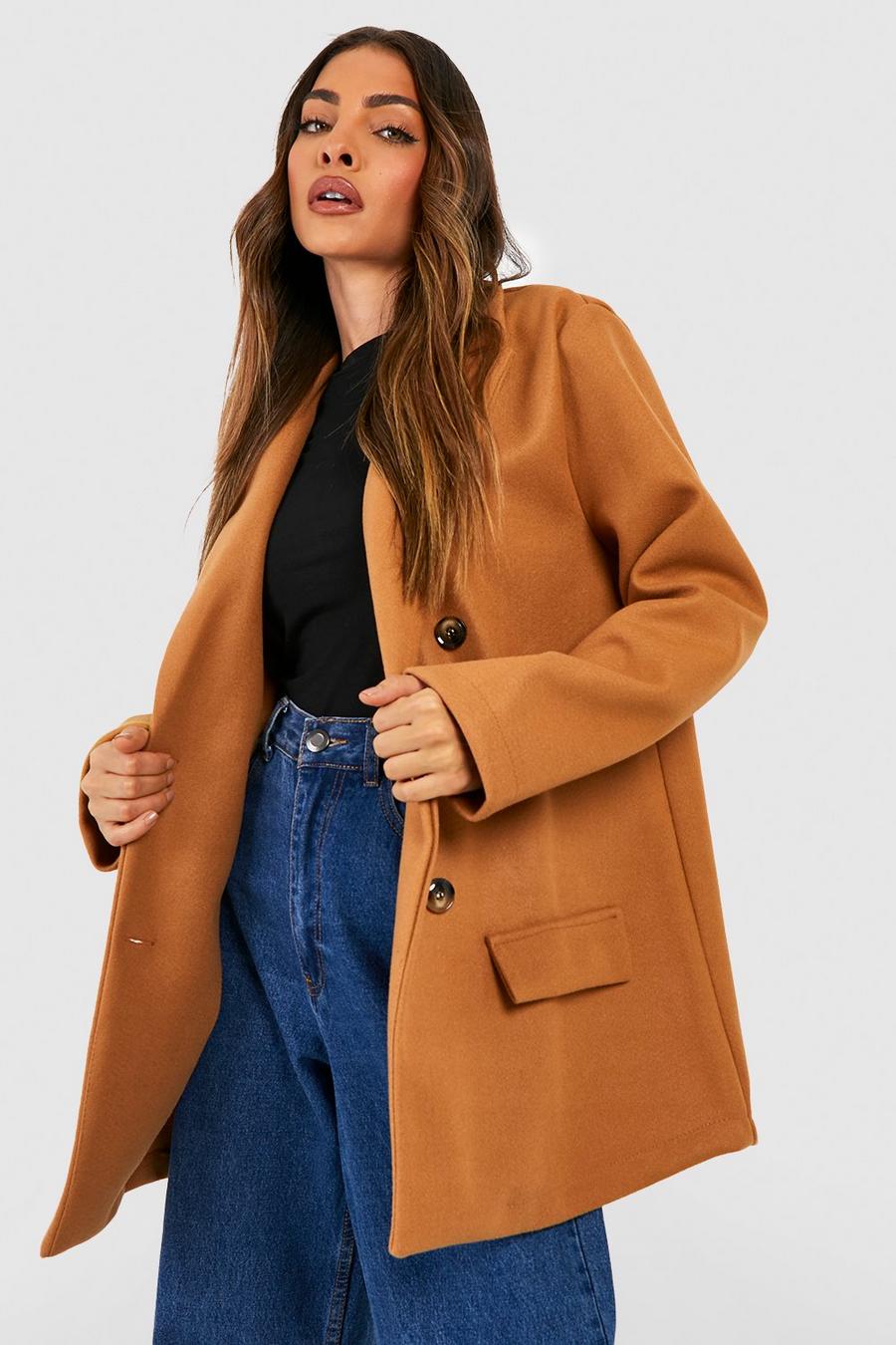 Camel Oversized Double Breasted Short Wool Look Coat image number 1