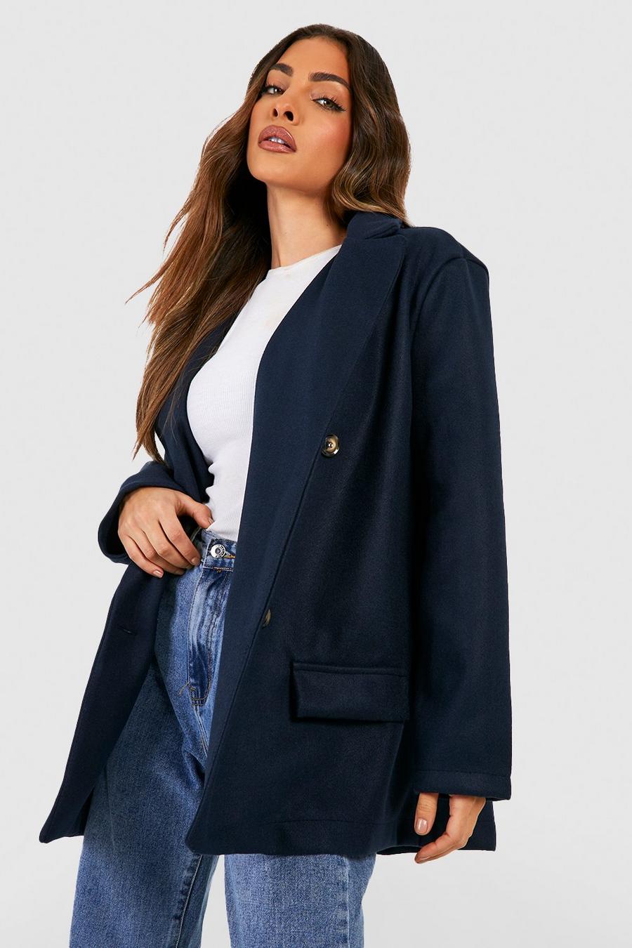 Navy Oversized Double Breasted Short Wool Look Coat image number 1