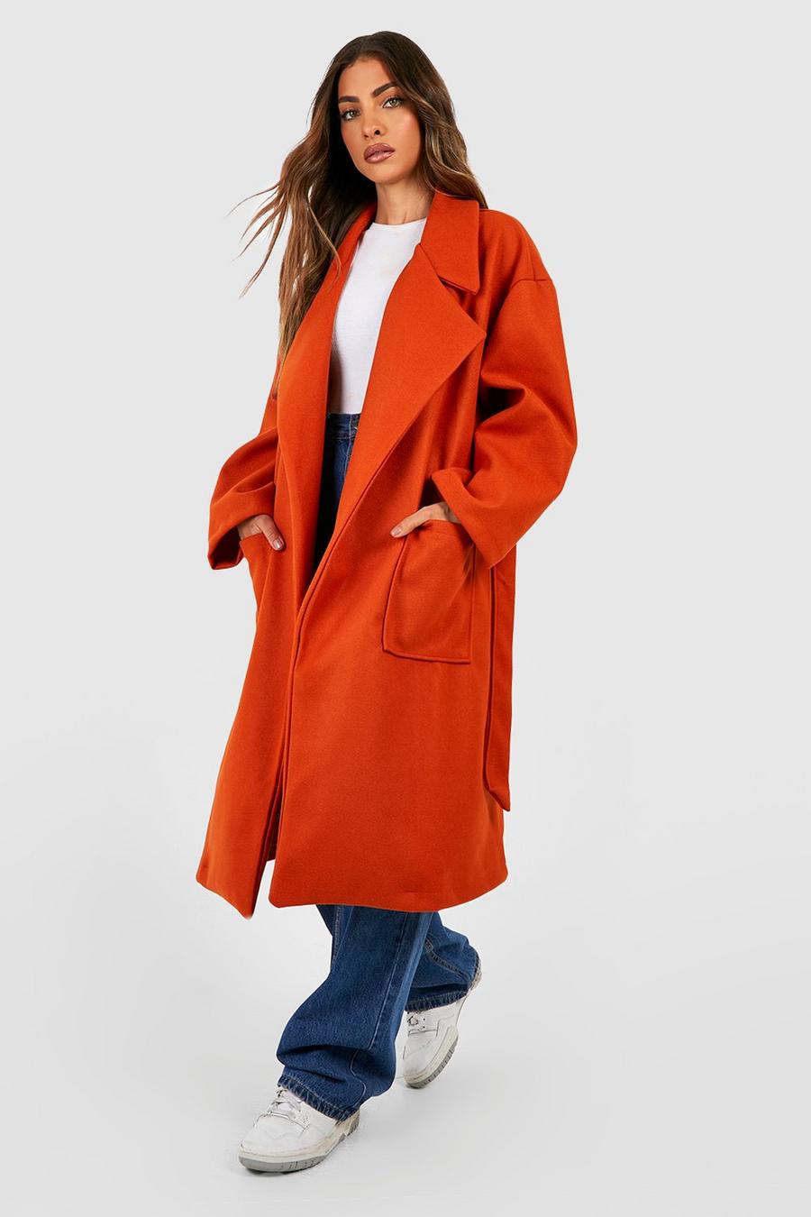Mantel in Wolloptik mit Taschen-Detail und Gürtel, Orange