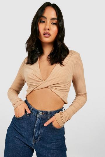 Soft Rib Knit Twist Front Crop Jumper stone
