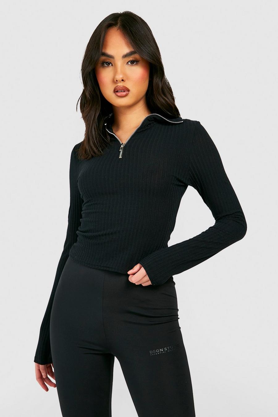 Pullover in maglia a coste morbide con zip corta e colletto stile polo, Black nero
