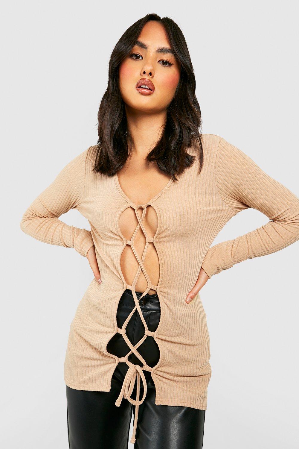 Soft Rib Knit Lace Up Top