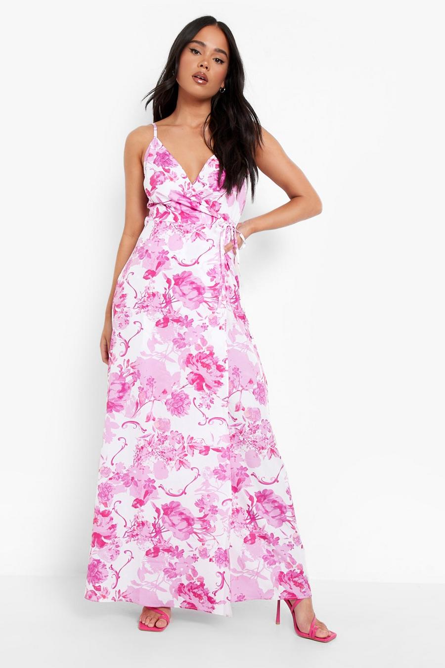 Pink Petite Woven Floral Wrap Maxi Dress