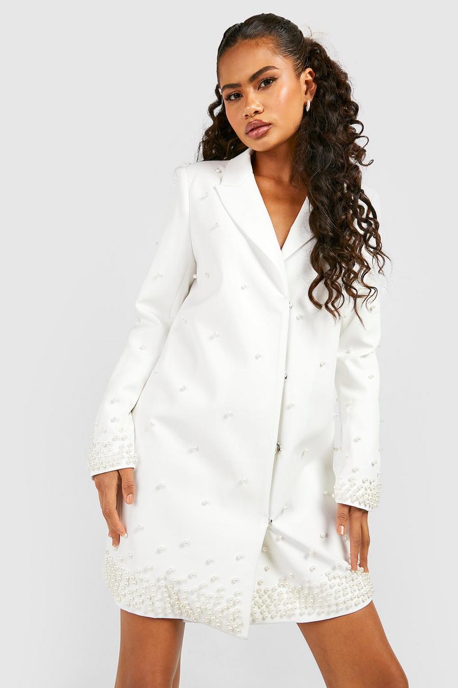 White Blazer Jurk Met Parels