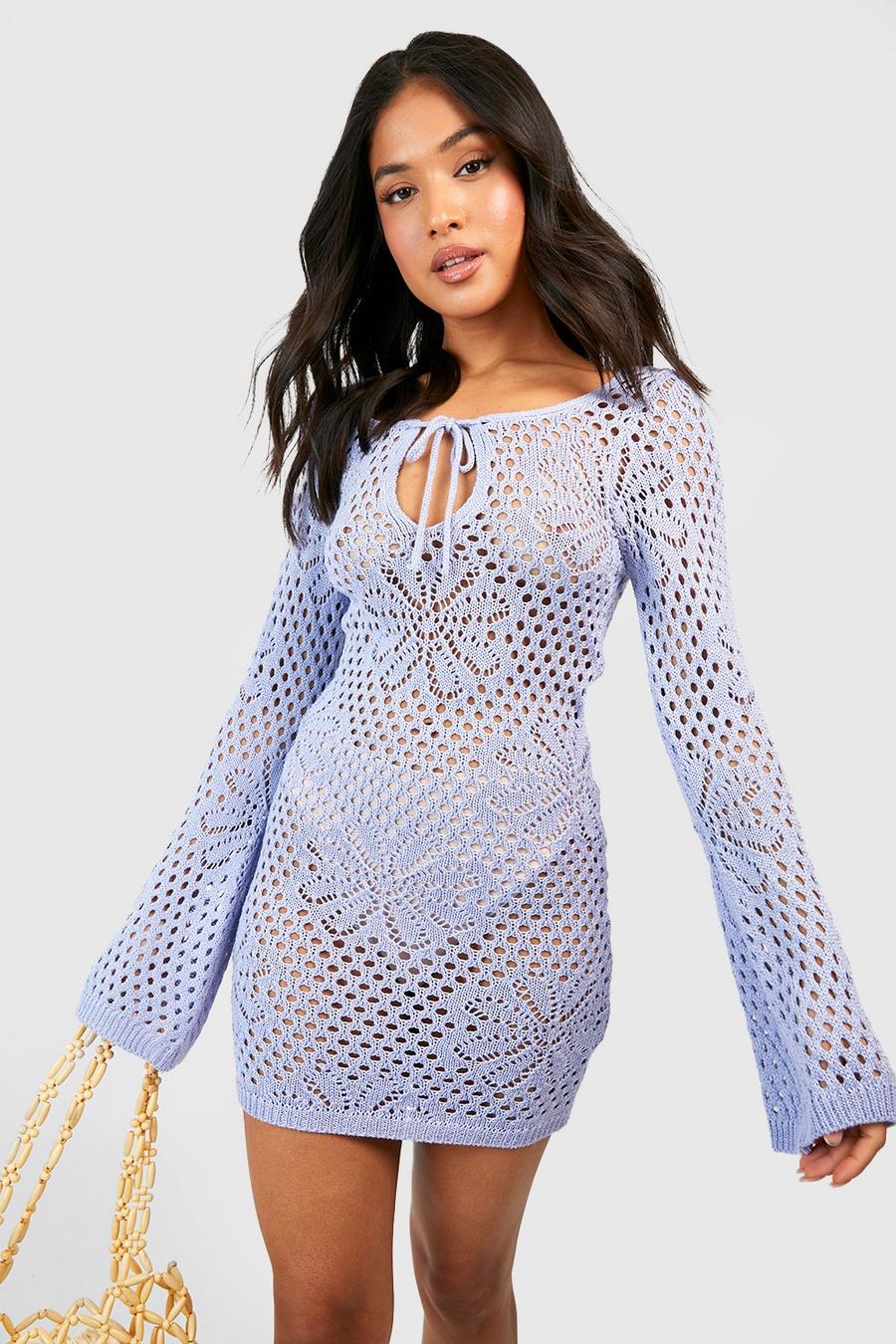 Baby blue Petite Floral Crochet Knit Flare Sleeve Mini Dress image number 1