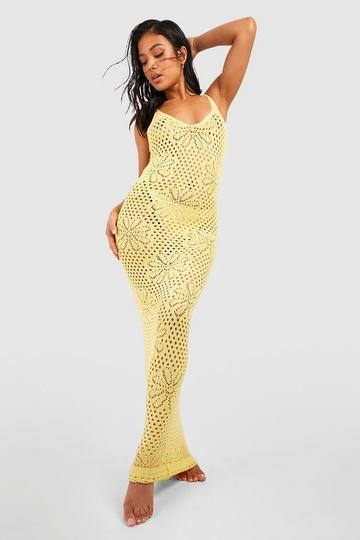 Lemon Yellow Petite Floral Crochet Knit Maxi Dress