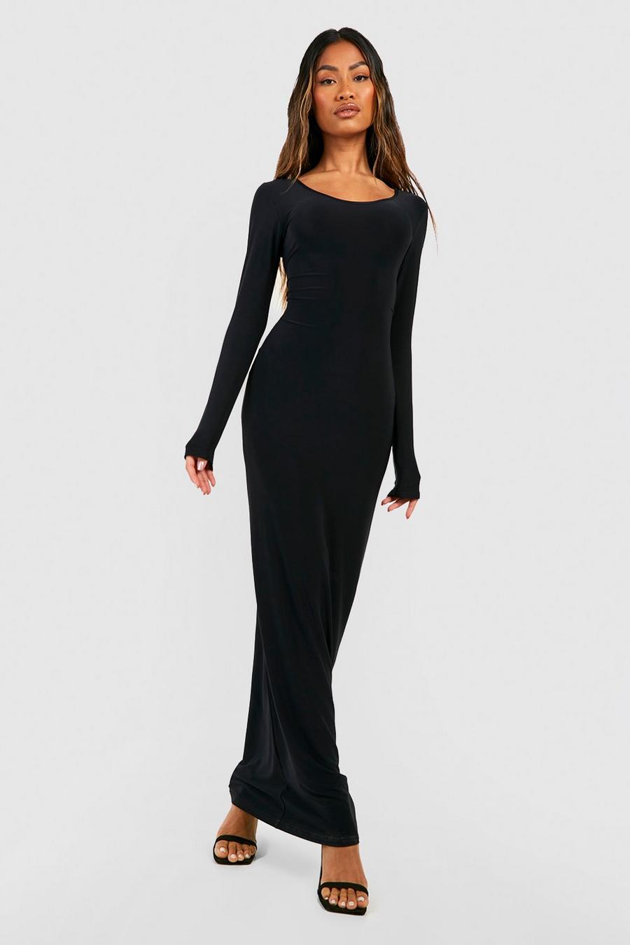 Black Premium Heavy Weight Slinky Long Sleeve Maxi Dress image number 1