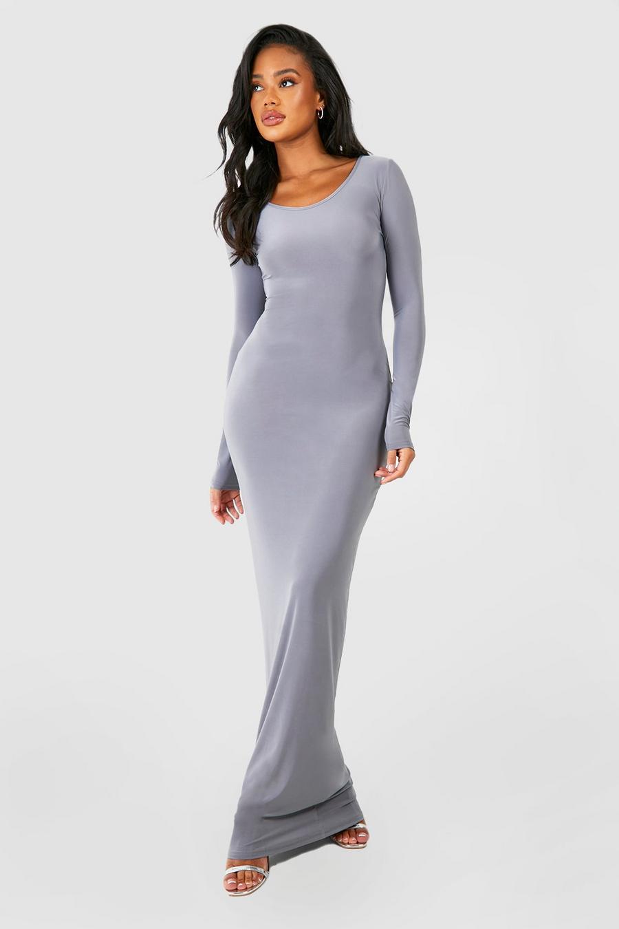 Charcoal Premium Heavy Weight Slinky Long Sleeve Maxi Dress