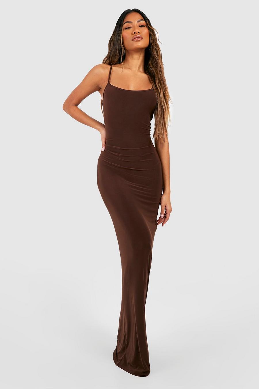 Chocolate brun Premium Heavy Weight Slinky Maxi Dress image number 1