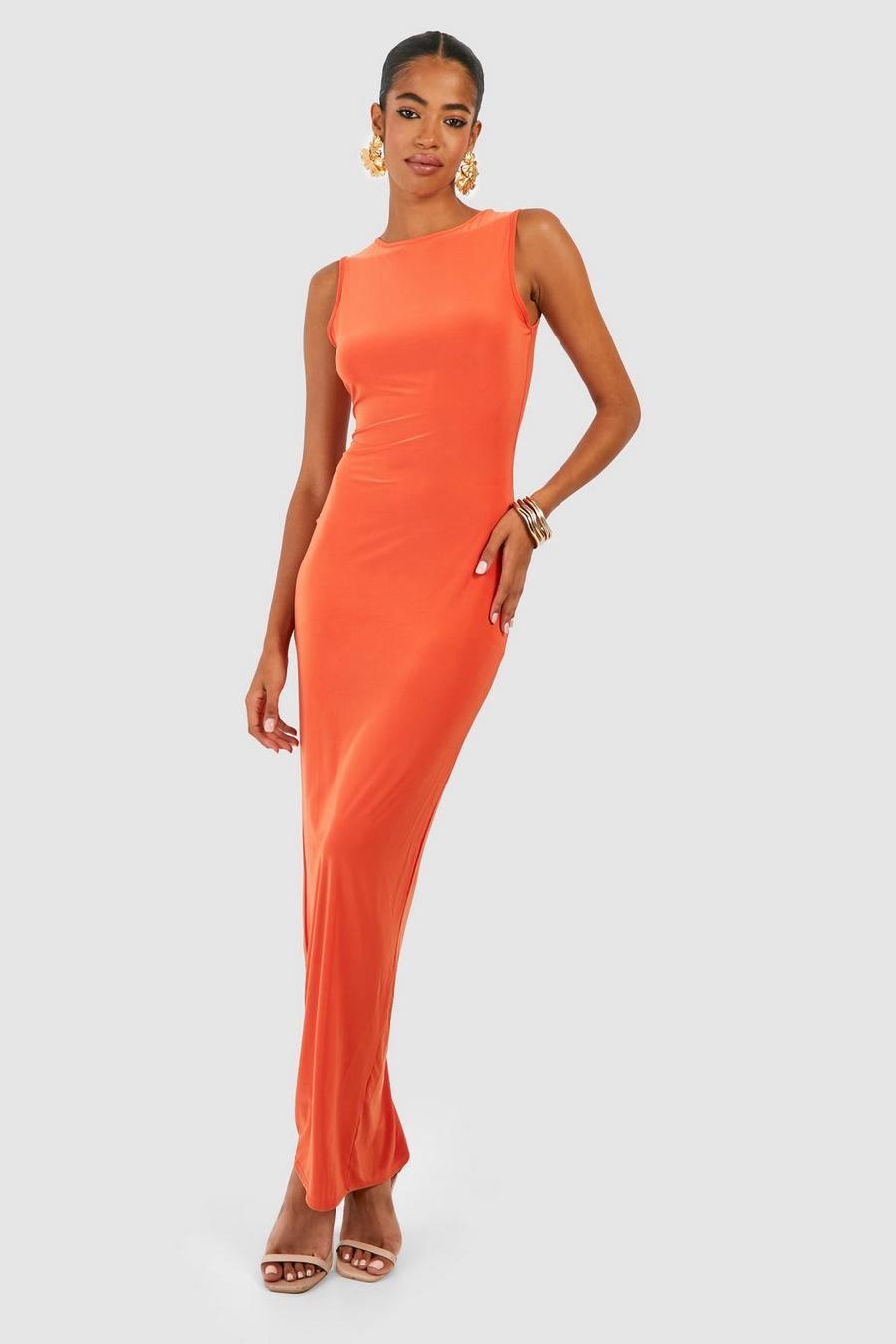 Orange Premium Ärmlös glansig långklänning