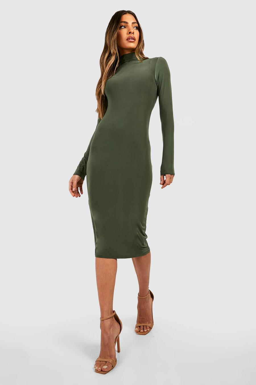 Khaki Premium Heavy Weight Slinky Turtleneck Midi Dress image number 1