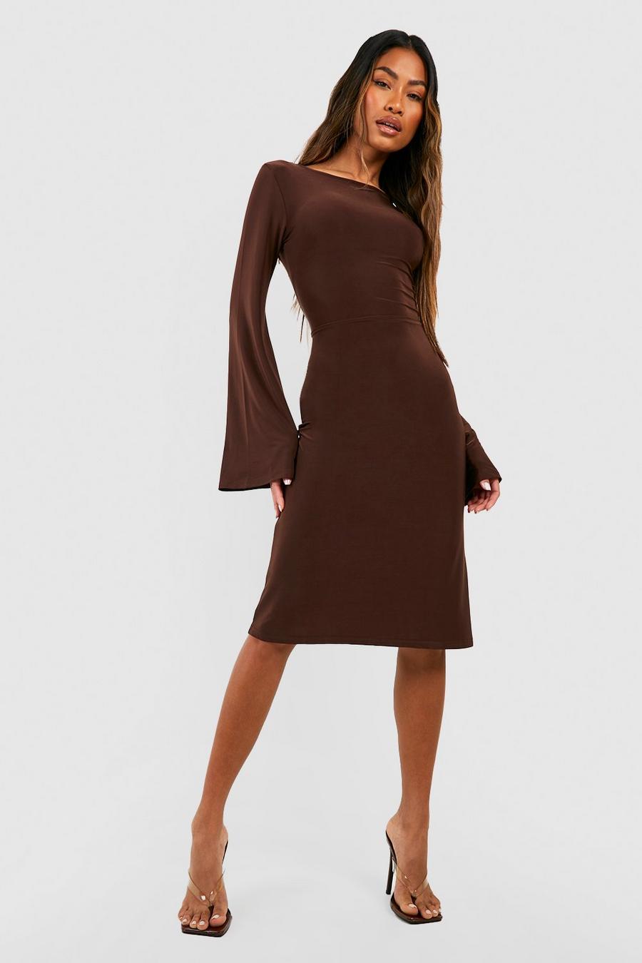 Chocolate brown Premium Heavy Weight Slinky Flare Sleeve Midi Dress