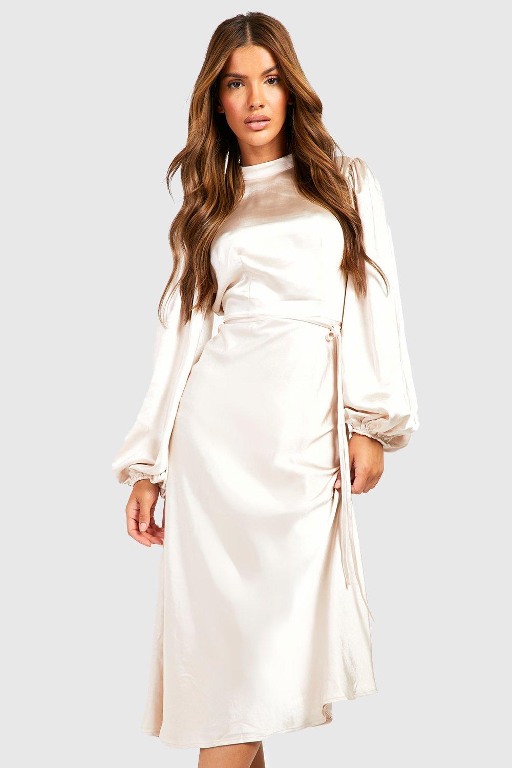 Satin High Neck Balloon Sleeve Midi Dress | boohoo