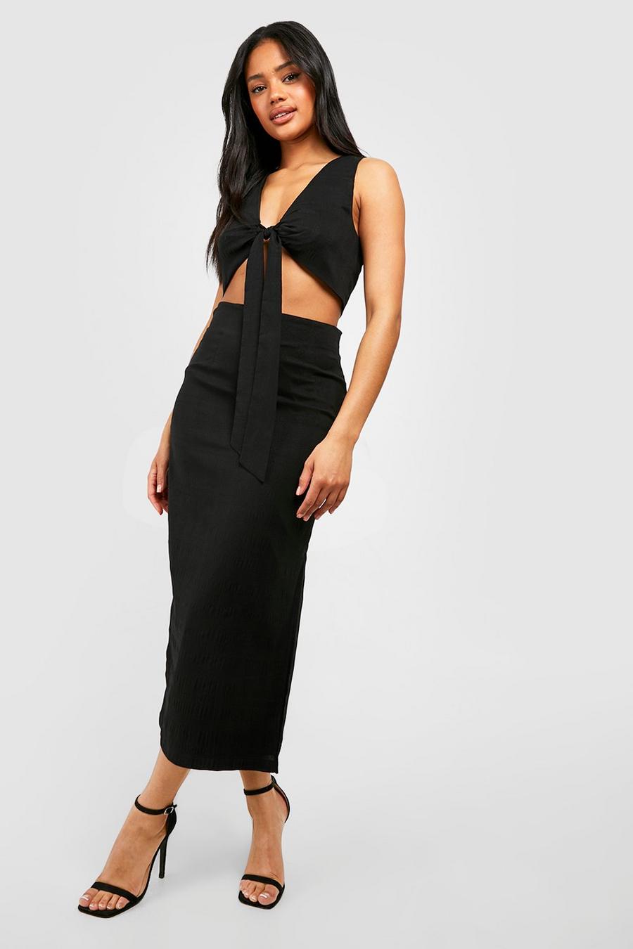 Black Textured Midi Skirt