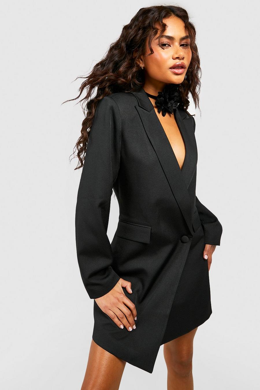Black Asymmetric Wrap Front Blazer Dress