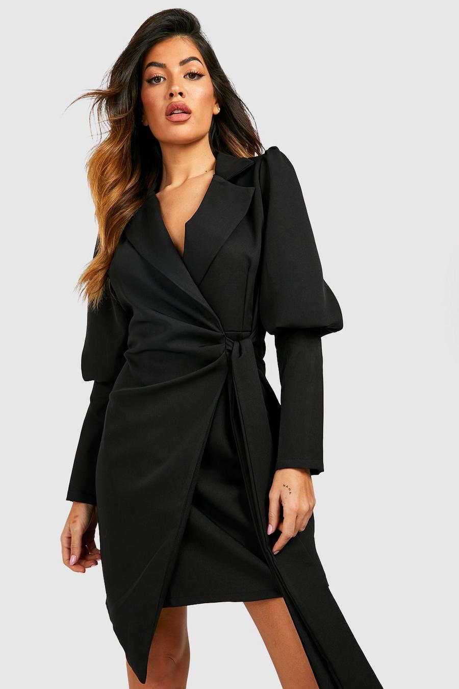 Black Volume Sleeve Bow Side Blazer Dress