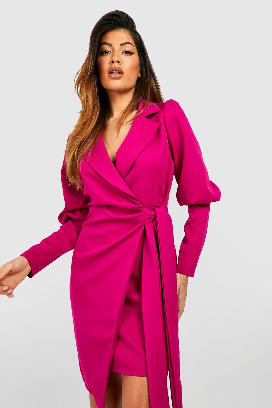 Magenta pink Volume Sleeve Bow Side Blazer Dress