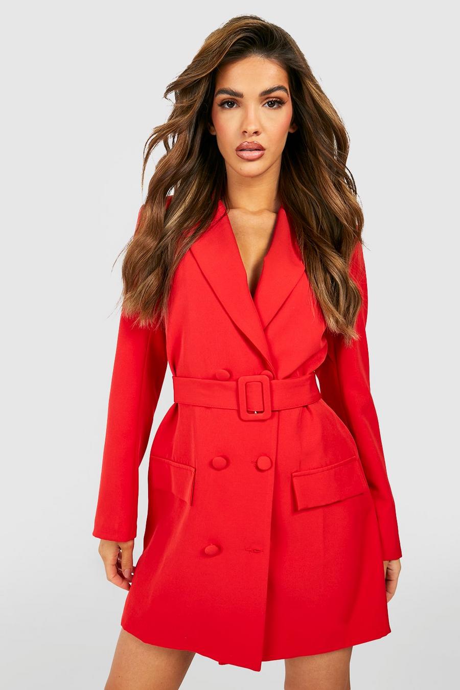 Red Double Breasted Belted Blazer Dress image number 1
