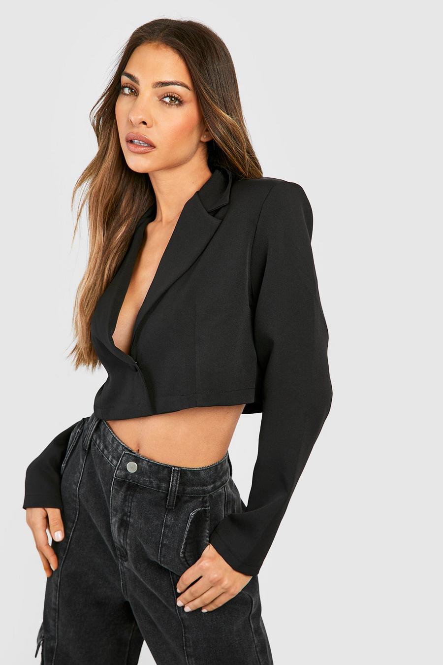 Black Basic Woven Relaxed Fit Crop Blazer