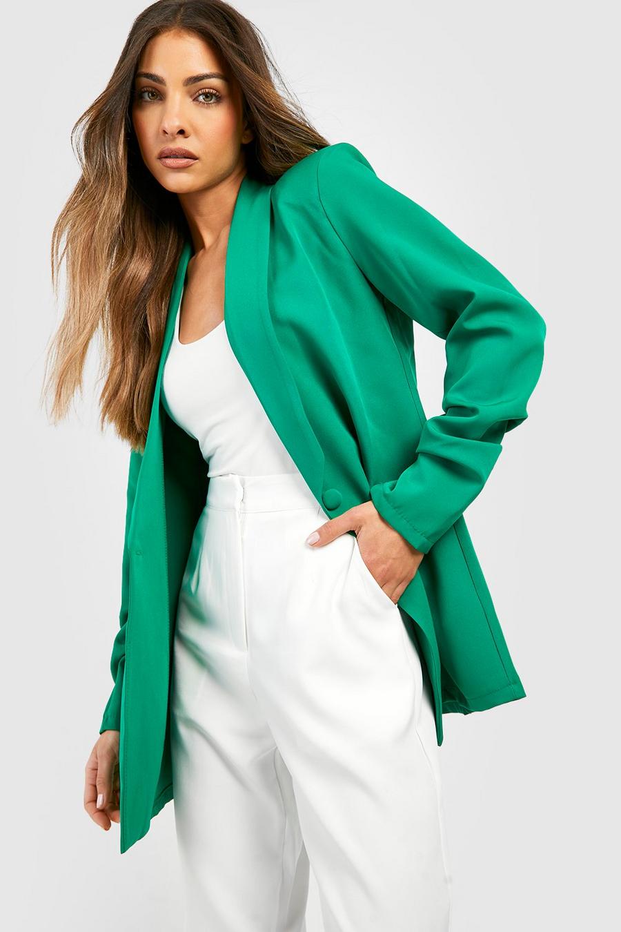 Bright green Basic Woven Ruched Sleeve Plunge Lapel Blazer image number 1