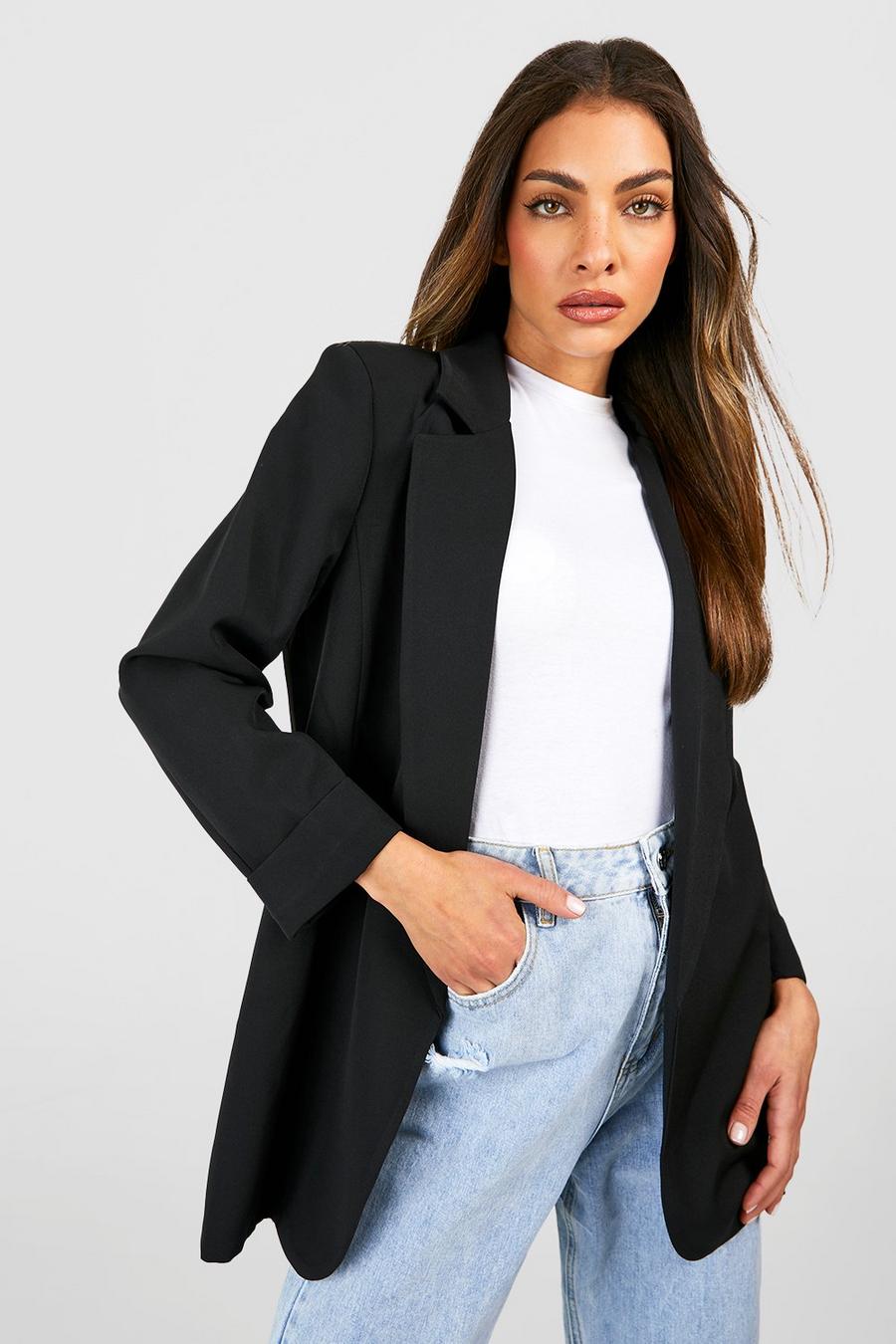 Black Basic Woven Turn Cuff Relaxed Fit Blazer