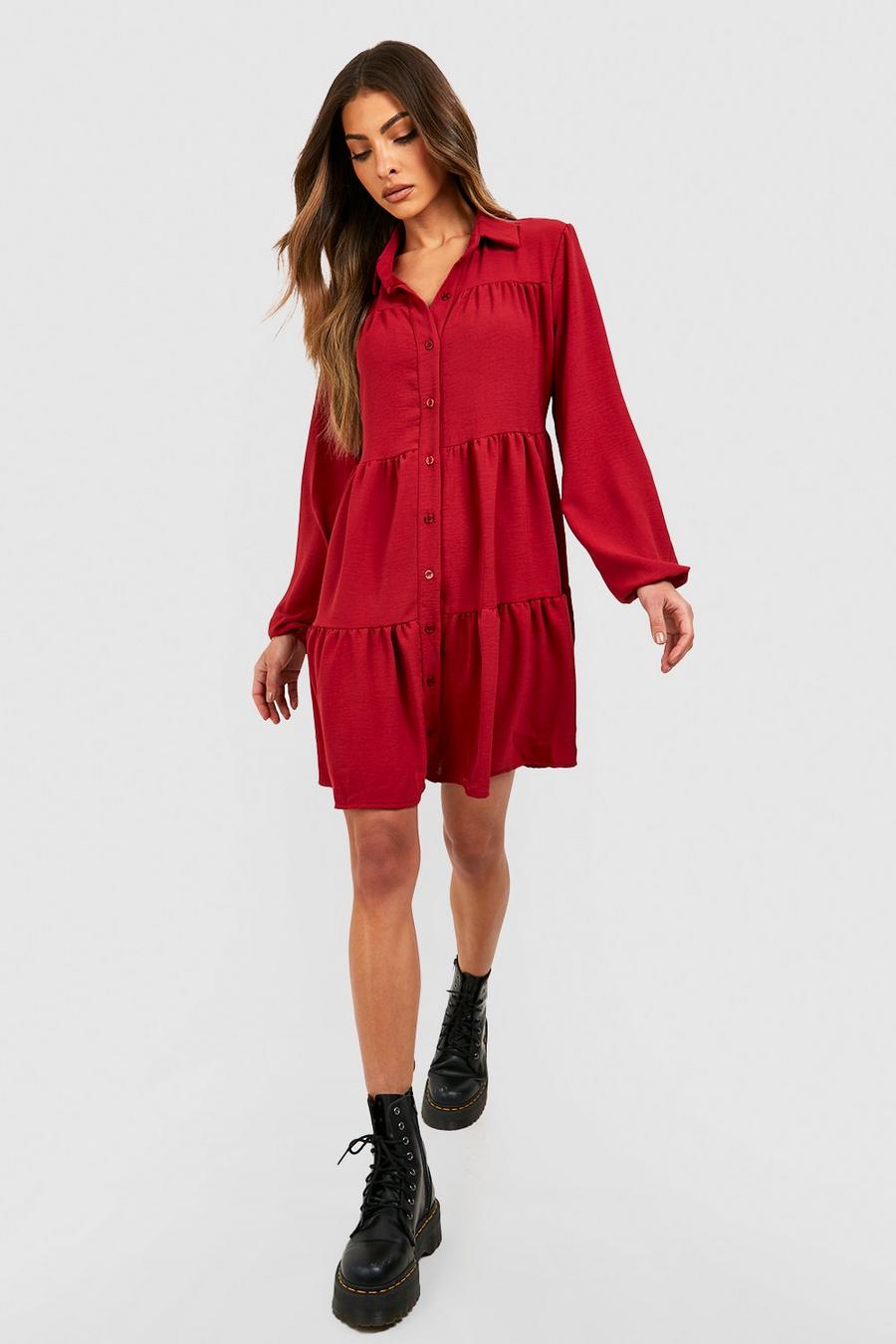 Berry red Tiered Smock Shirt Dress