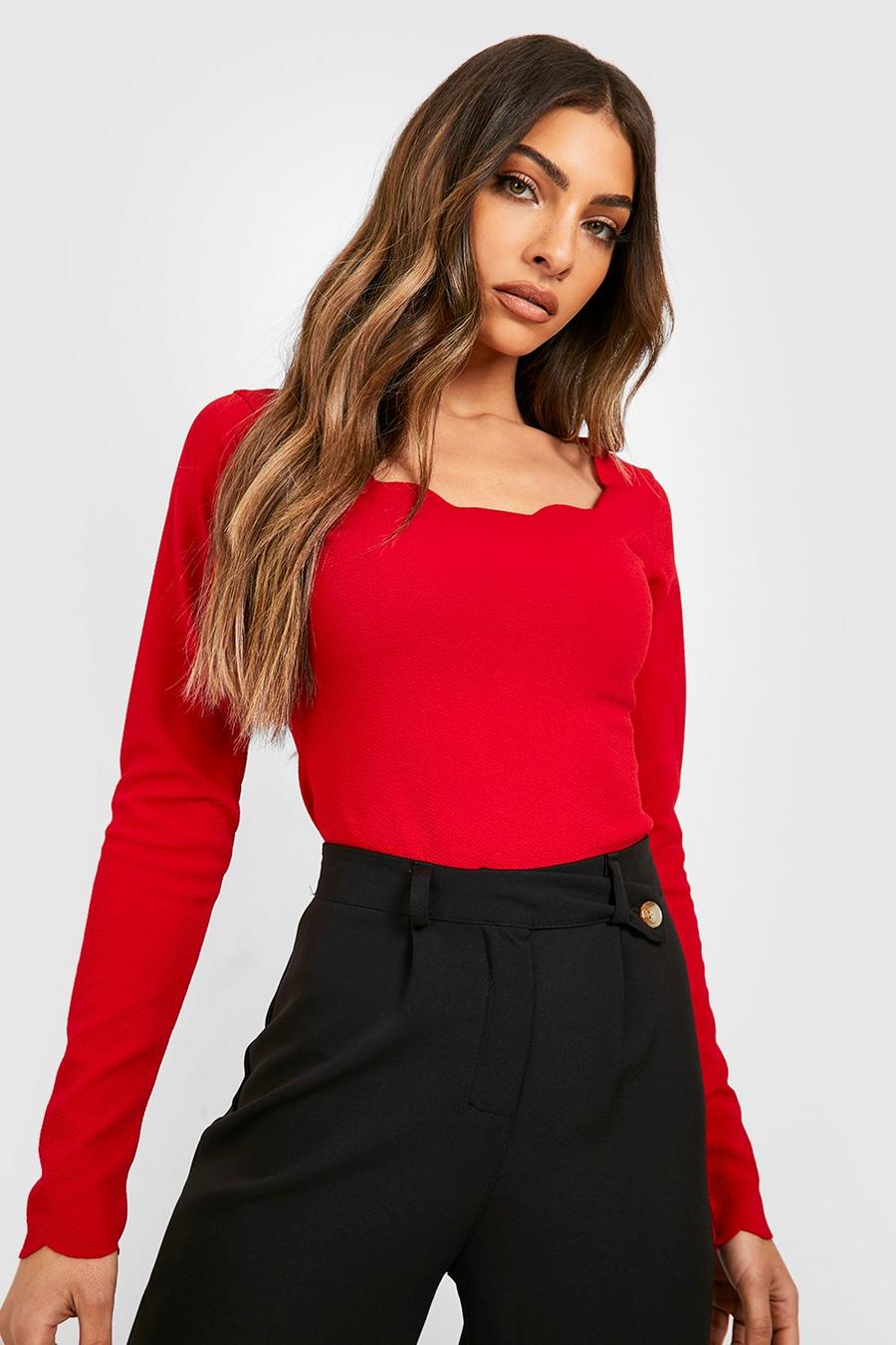Red Jersey Crepe Long Sleeve Scalloped Edge Bodysuit image number 1