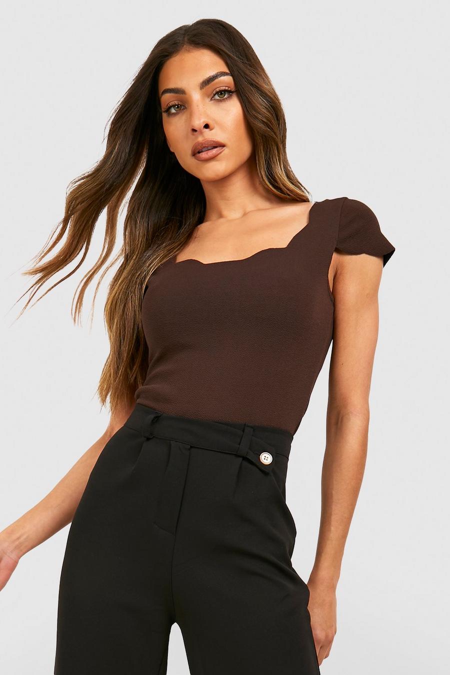 Chocolate Jersey Crepe Scalloped Edge Bodysuit  image number 1