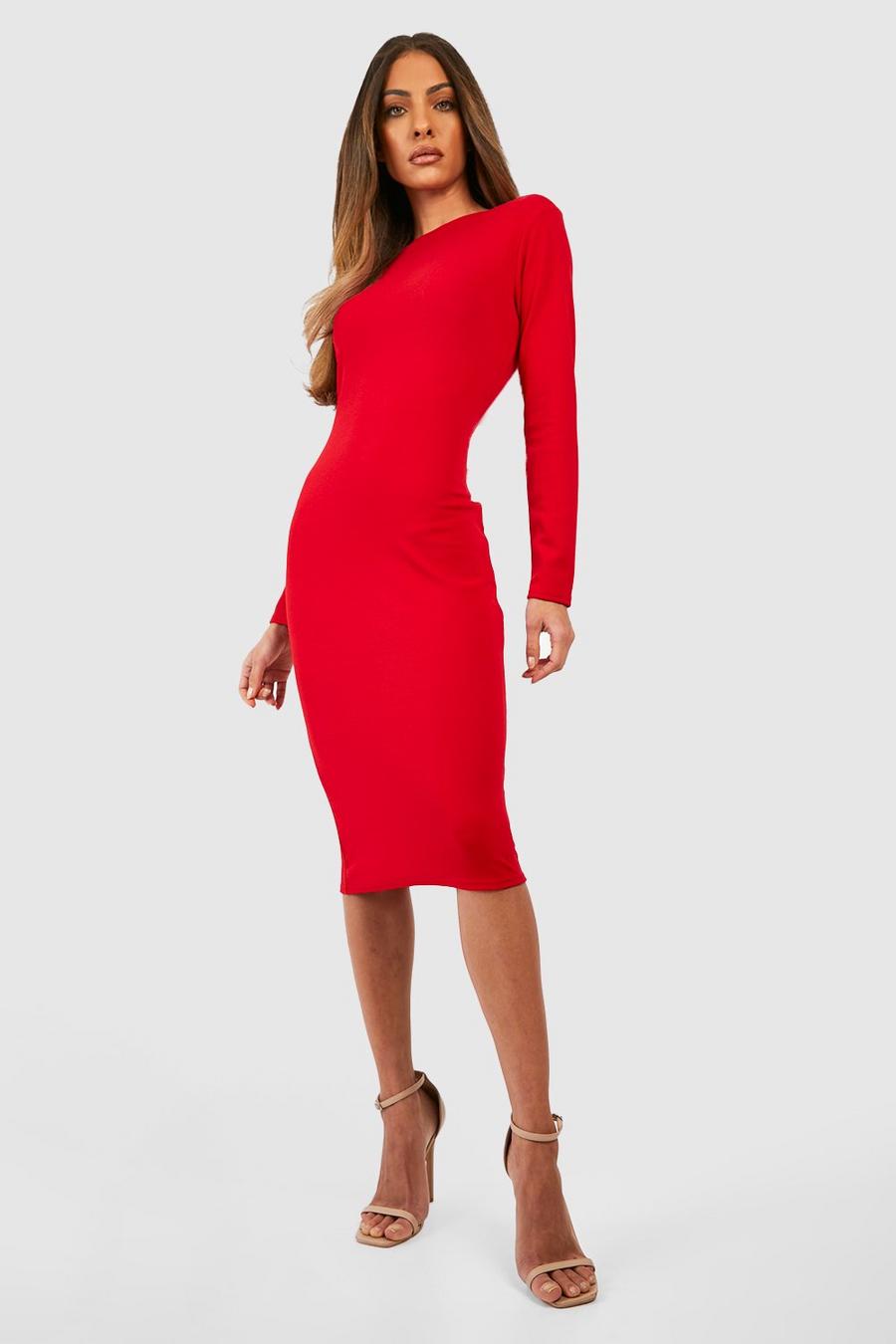 Red Basic Long Sleeve Crepe Midi Dress