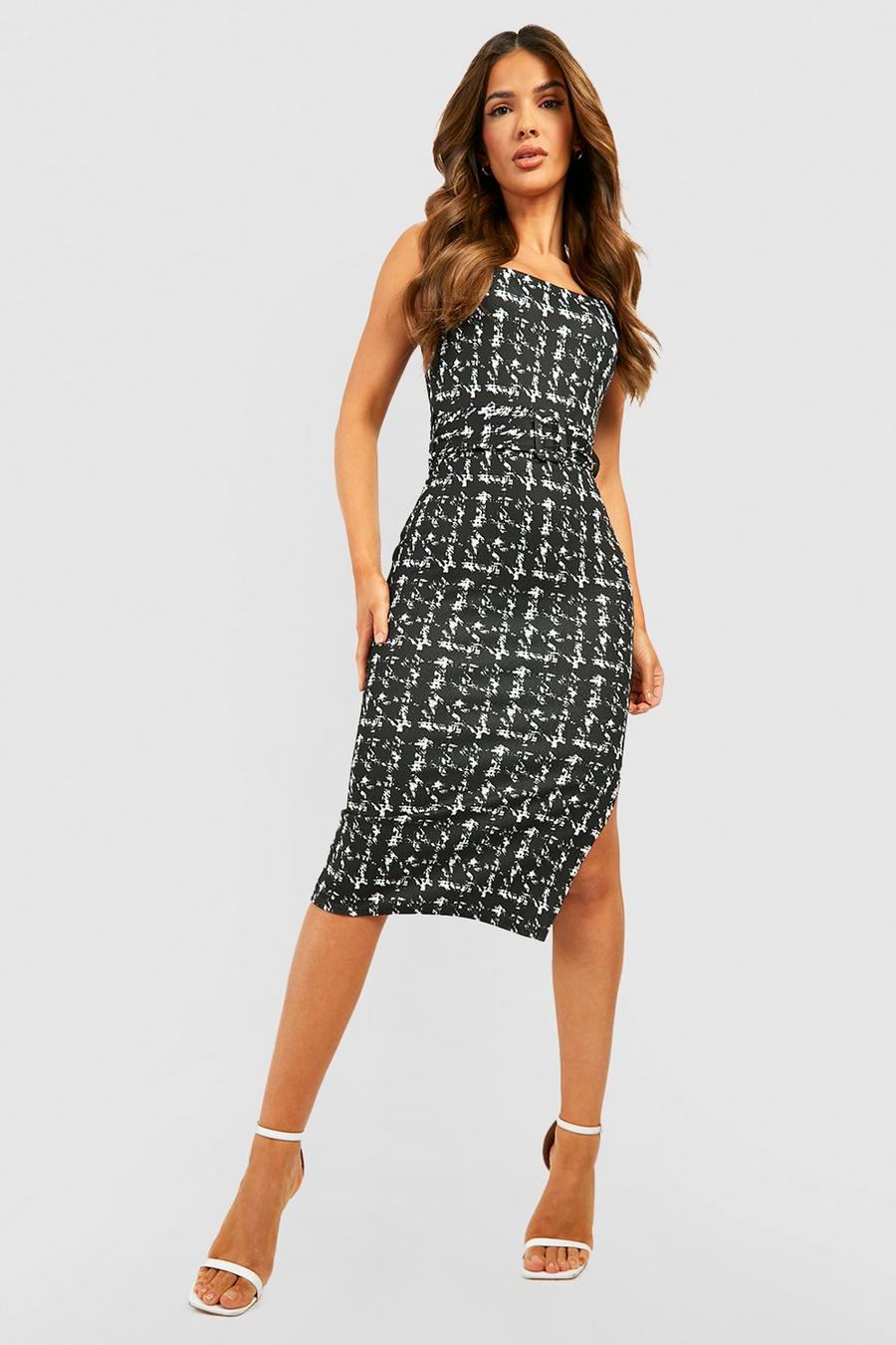 Black Abstract Dogtooth Belted Square Neck Midi Dress image number 1
