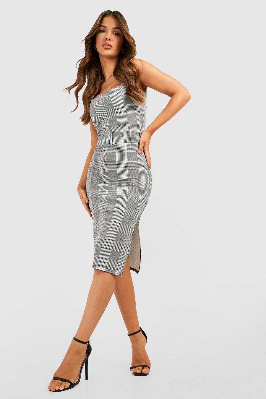 Black Dogtooth Check Belted Square Neck Midi Dress