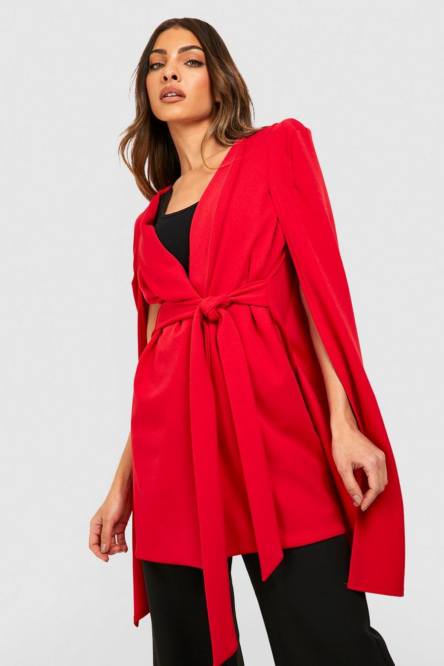 Red Longline Tailored Belted Cape Blazer image number 1