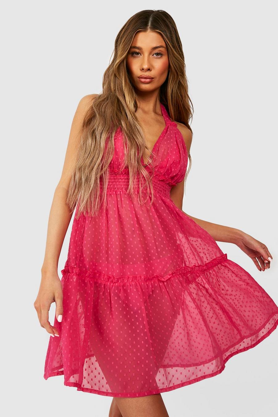 Gestuftes geschnürtes Neckholder-Strandkleid aus Chiffon, Bright pink