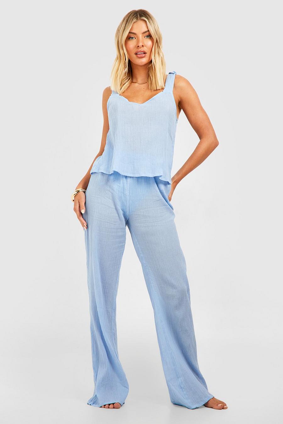 Duck egg blue Cheesecloth Knot Strap Top Wide Leg Pants Beach Coord