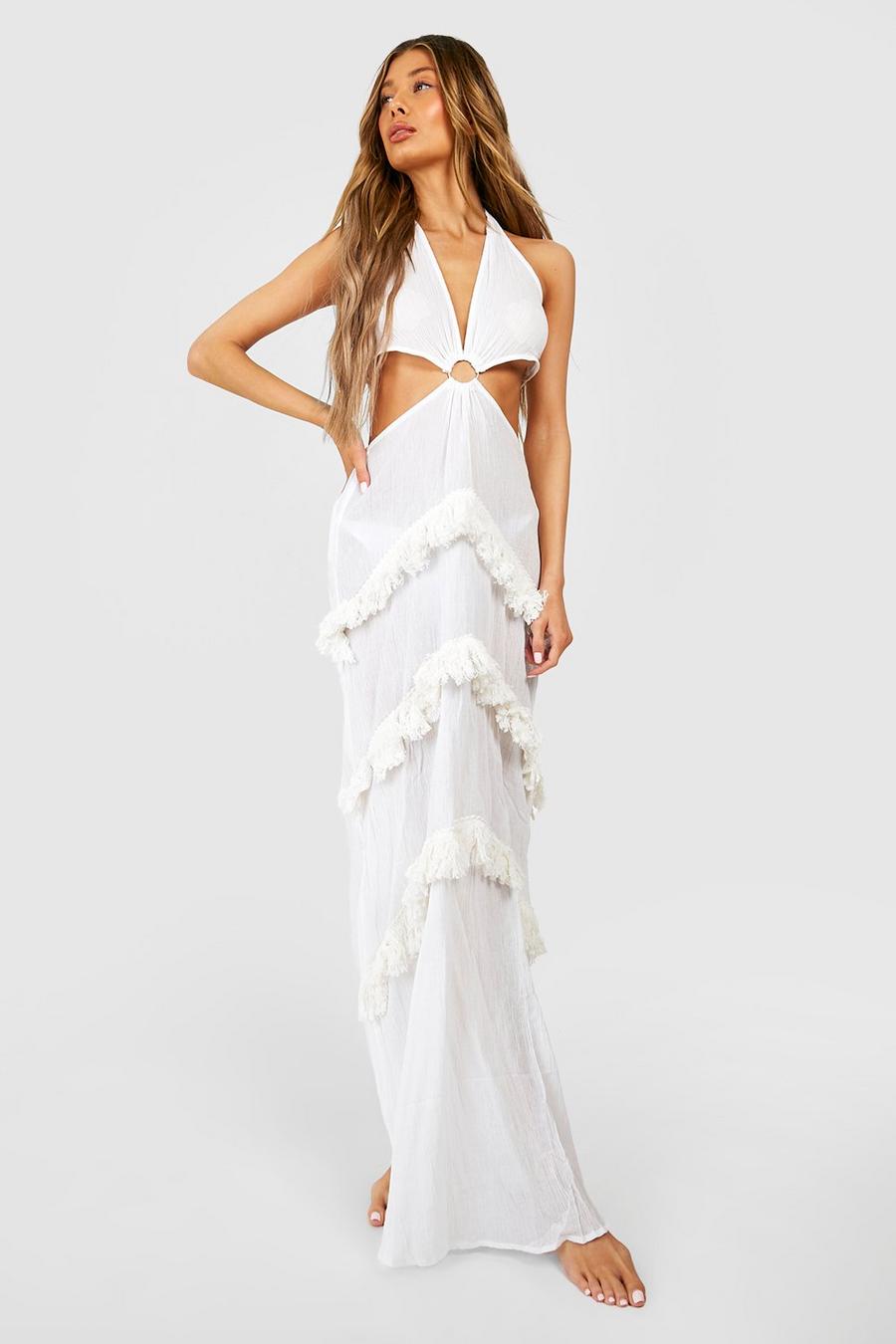 White Cheesecloth Ring Halterneck Cut Out Tassel Maxi Beach Dress image number 1