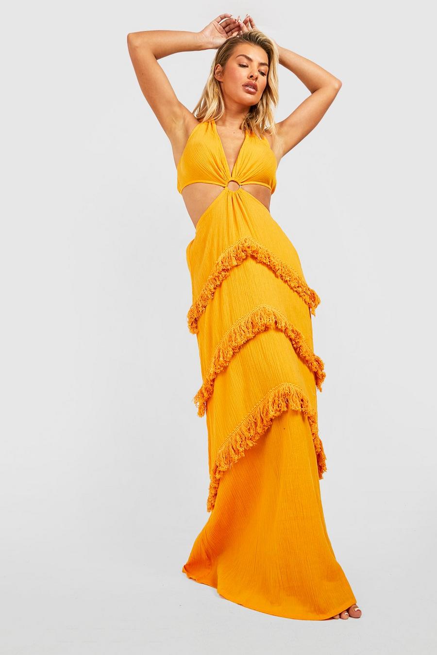Yellow Cheesecloth Ring Halter Cut Out Tassel Maxi Beach Dress image number 1