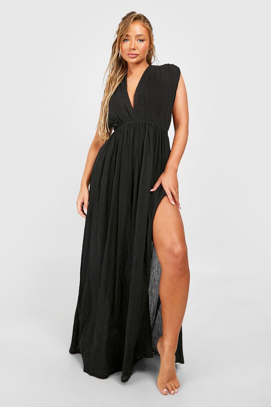 Black Cheesecloth Gathered Plunge Maxi Beach Dress image number 1