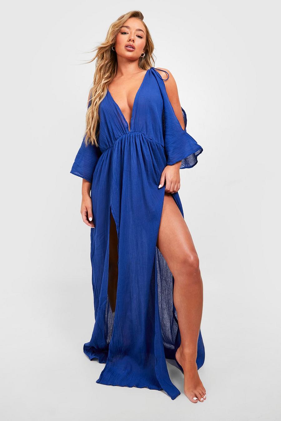 Cobalt blue Cheesecloth Cold Shoulder Plunge Split Maxi Beach Dress