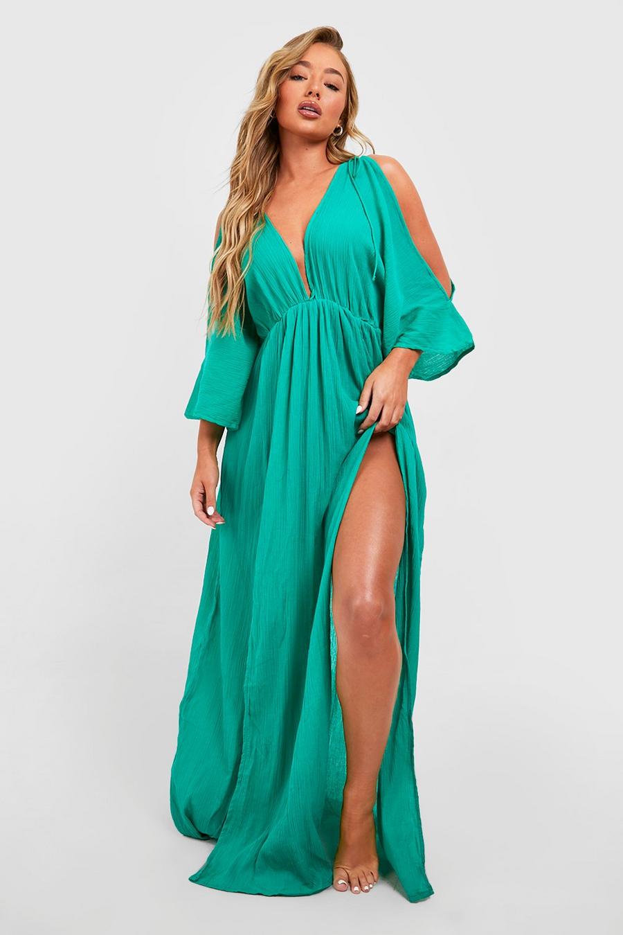 Green Cheesecloth Cold Shoulder Plunge Split Maxi Beach Dress image number 1