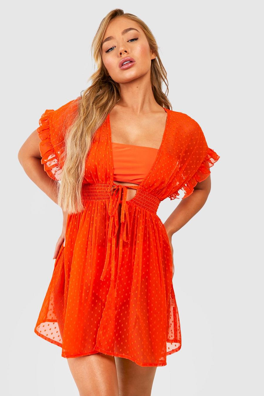 Orange Kort strandkimono i chiffong med knytdetalj