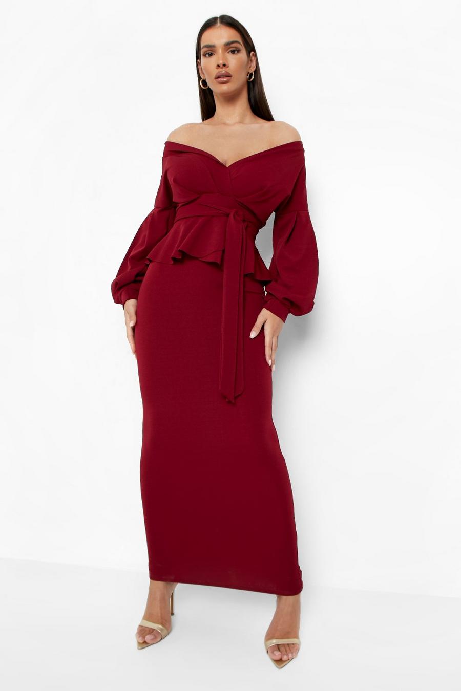 Berry Off The Shoulder Peplum Maxi Dress image number 1