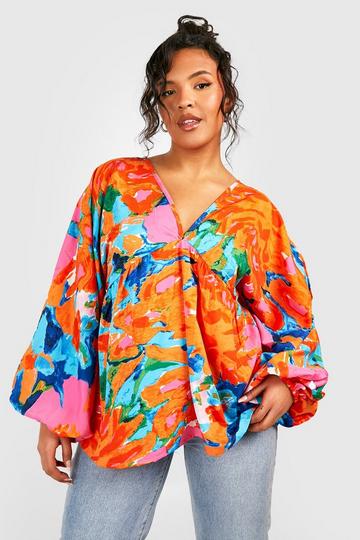 Orange Plus Floral Woven V Neck Smock Top