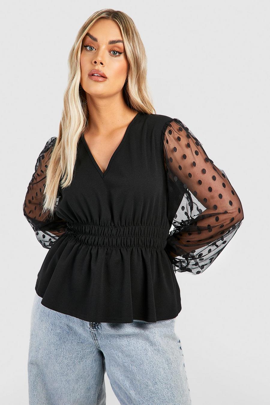 Black Plus Dobby Mesh Peplum Top image number 1