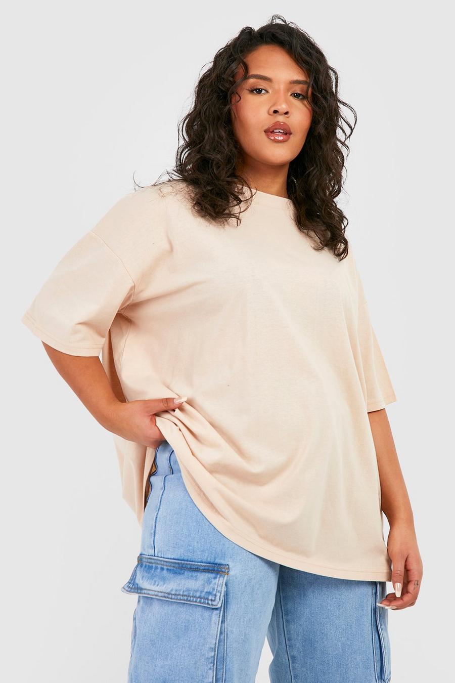 Plus Oversize T-Shirt aus Baumwolle, Taupe image number 1