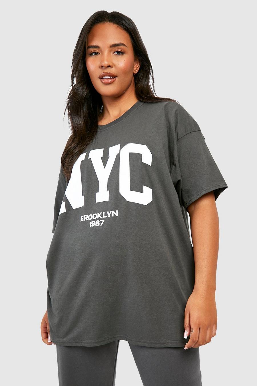Camiseta Plus oversize con estampado de NYC, Charcoal image number 1